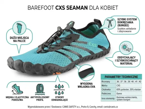 Damskie obuwie minimalistyczne CXS Seaman w odcieniach błękitu i czerni - widok z boku pod kątem, ukazujący siateczkową cholewkę, ściągacz bungee oraz elastyczną podeszwę. Zdjęcie w formie infografiki z dymkami, ikonami cech i tabelą parametrów, wycięte na białym tle studyjnym.