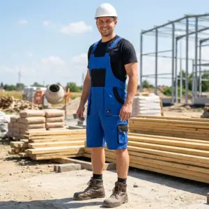 Krótkie ogrodniczki robocze DENIS - niebiesko-czarne szorty na szelkach zaprezentowane na uśmiechniętym modelu w białym kasku i czarnej koszulce, widok całej sylwetki z przodu - w tle słoneczny plac budowy z ułożonymi deskami i betoniarką