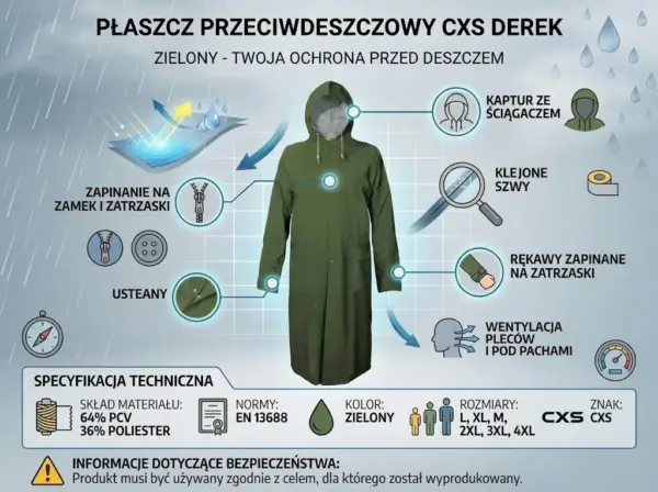 Kurtka przeciwdeszczowa DEREK - szczegółowa infografika ukazująca front zielonego płaszcza z odnośnikami do kluczowych cech (kaptur, klejone szwy, wentylacja, zapięcia) i tabelą specyfikacji - na tle z motywem padającego deszczu