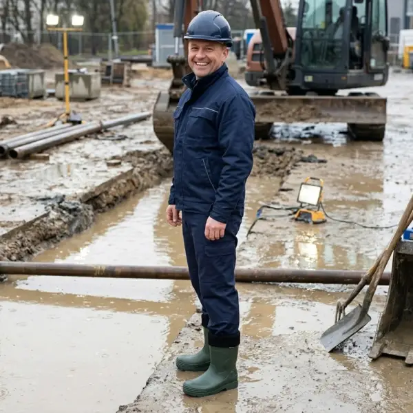 Zielone kalosze robocze Farmer z czarnym kołnierzem ocieplacza - na nogach uśmiechniętego pracownika w niebieskim ubraniu roboczym i kasku, ujęcie całej sylwetki z boku - na błotnistym placu budowy z kałużami i koparką w tle.