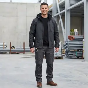 Szaro-czarna kurtka softshell FRANSISCO - rozpięta, prezentowana od przodu na całej sylwetce uśmiechniętego mężczyzny w ciemnoszarych spodniach roboczych i brązowych butach - na tle placu budowy z betonowymi ścianami, stalową konstrukcją i ułożonymi rurami.