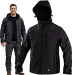 Męska kurtka robocza softshell wodoodporna z membraną - szaro-czarna, widok z przodu na modelu oraz obok jako zapięty produkt z kapturem - wycięte na białym tle studyjnym.