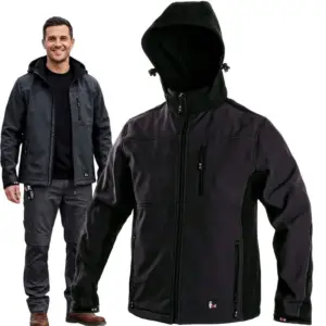Męska kurtka robocza softshell wodoodporna z membraną - szaro-czarna, widok z przodu na modelu oraz obok jako zapięty produkt z kapturem - wycięte na białym tle studyjnym.