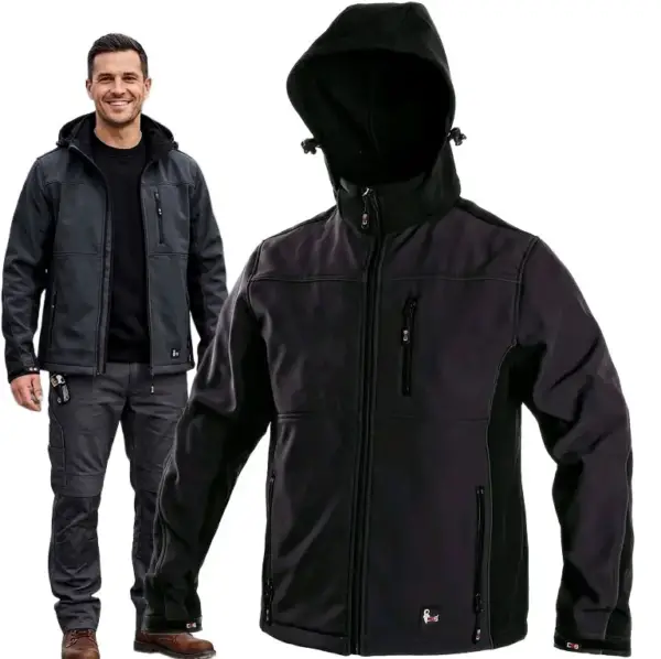 FRANSISCO Męska kurtka robocza softshell wodoodporna z membraną - szaro-czarna, widok z przodu na modelu oraz obok jako zapięty produkt z kapturem - wycięte na białym tle studyjnym.