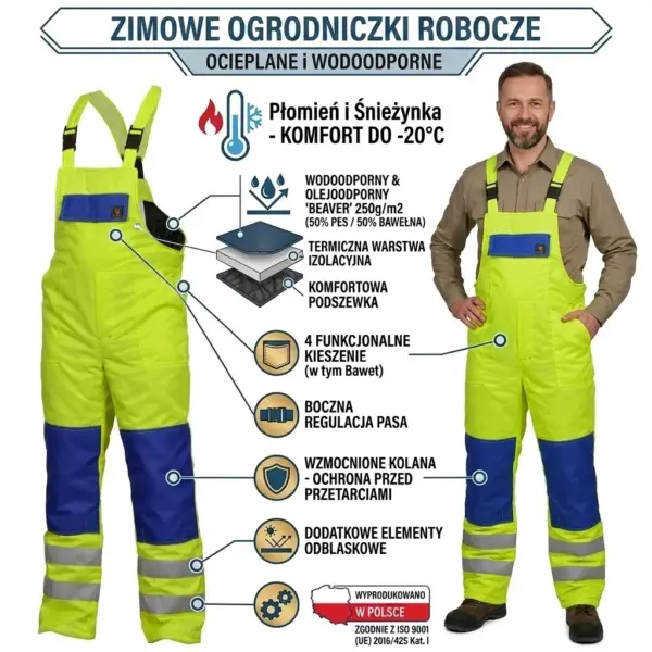 Ocieplane spodnie robocze odblaskowe ogrodniczki żółte HV - grafika informacyjna prezentująca spodnie z granatowymi wstawkami samodzielnie z lewej strony oraz na uśmiechniętym modelu z prawej, ze wskaźnikami i ikonami opisującymi cechy produktu - wycięte na białym tle studyjnym.