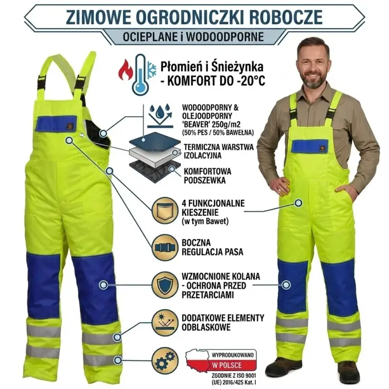 Ocieplane spodnie robocze odblaskowe ogrodniczki żółte HV