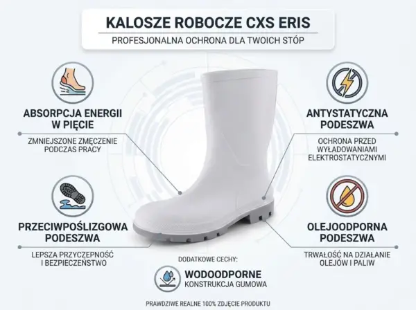 Kalosze robocze CXS Eris białe - infografika produktowa prezentująca prawy but z profilu, otoczony pięcioma ikonami wskazującymi cechy takie jak absorpcja energii, antystatyczna i olejoodporna podeszwa - na jasnym tle.