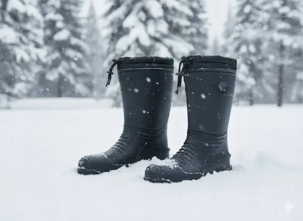 Kalosze Frosta - para czarnych, wysokich butów z nylonowym kołnierzem ze ściągaczem i prążkowanymi wzmocnieniami na podbiciu, ujęcie pod kątem - stojące w głębokim śniegu na tle zimowego lasu iglastego podczas opadów śniegu.