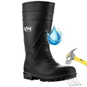 kalosze robocze osaka s5 z podnoskiem - czarny but z logo VM Footwear ujęty z profilu, z dodanymi grafikami ilustrującymi właściwości ochronne: dużą kroplą wody, żółtym młotkiem uderzającym w czubek oraz gwoździami pod podeszwą - wycięte na białym tle studyjnym.