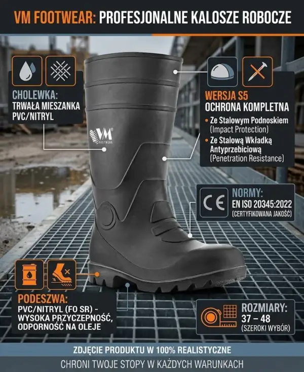 Czarne kalosze Osaka S5 marki VM Footwear - ujęcie z profilu pokazujące masywną podeszwę z głębokim bieżnikiem oraz cholewkę z logo. Wokół buta widoczne są infografiki z ikonami opisujące parametry techniczne (stalowy podnosek, wkładka antyprzebiciowa, odporność na oleje). But stoi na metalowej kracie pomostowej na tle rozmytego placu budowy.