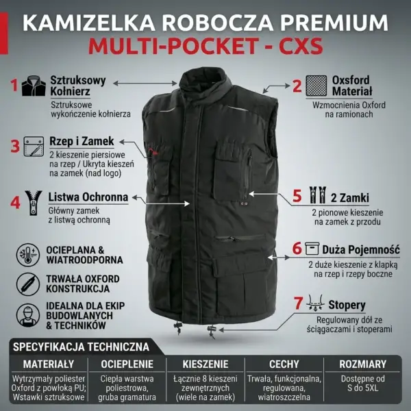 Czarna kamizelka ocieplana Ohio - widok z przodu w formie infografiki z ponumerowanymi strzałkami wskazującymi detale: sztruksowy kołnierz, wzmocnienia z materiału Oxford, liczne kieszenie i dolne stopery, wraz z tabelą specyfikacji technicznej - na szarym tle gradientowym.