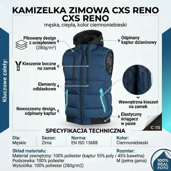 Zimowy bezrękawnik CXS Reno - grafika informacyjna ukazująca przód odzieży z kapturem, otoczona strzałkami wskazującymi pikowany materiał, świecące elementy odblaskowe przy kieszeniach i elastyczny ściągacz, z okrągłym detalem wewnętrznej kieszeni - umieszczona na jasnym tle z tabelą specyfikacji technicznej w dolnej części.