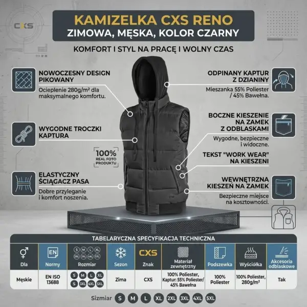 Kamizelka Reno ocieplana czarna - widok z przodu wyeksponowany na czarnym podeście, otoczony wskaźnikami opisującymi detale takie jak pikowany materiał, odpinany kaptur i kieszenie z odblaskami. W dolnej części znajduje się szczegółowa tabela ze specyfikacją techniczną - infografika produktowa na szarym, teksturowanym tle.