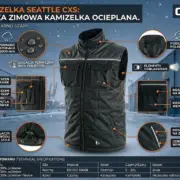 Czarna kamizelka robocza Seattle CXS zaprezentowana z przodu, otoczona okrągłymi zbliżeniami detali