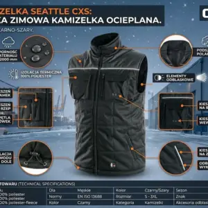 Czarna kamizelka robocza Seattle CXS zaprezentowana z przodu, otoczona okrągłymi zbliżeniami detali