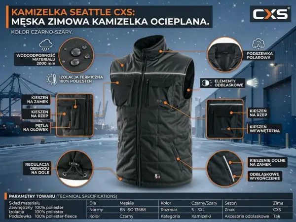 Czarna kamizelka robocza Seattle CXS zaprezentowana z przodu, otoczona okrągłymi zbliżeniami detali infografiki wskazującymi m.in. wodoodporność, polarową podszewkę, wielofunkcyjne kieszenie i odblaski. Produkt umieszczony na tle zimowego, zaśnieżonego portu przemysłowego, z tabelą specyfikacji technicznej w dolnej części kadru.