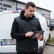 Czarna kamizelka robocza Seattle na mężczyźnie trzymającym tablet. Widoczne wielofunkcyjne kieszenie