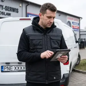 Czarna kamizelka robocza Seattle na mężczyźnie trzymającym tablet. Widoczne wielofunkcyjne kieszenie z przodu i odblaskowa lamówka. Ujęcie od przodu w plenerze, w tle biały van i budynek serwisu.