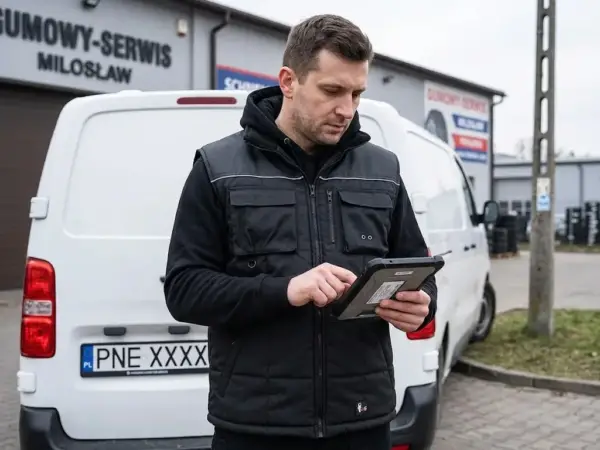 Czarna kamizelka robocza Seattle na mężczyźnie trzymającym tablet. Widoczne wielofunkcyjne kieszenie z przodu i odblaskowa lamówka. Ujęcie od przodu w plenerze, w tle biały van i budynek serwisu.