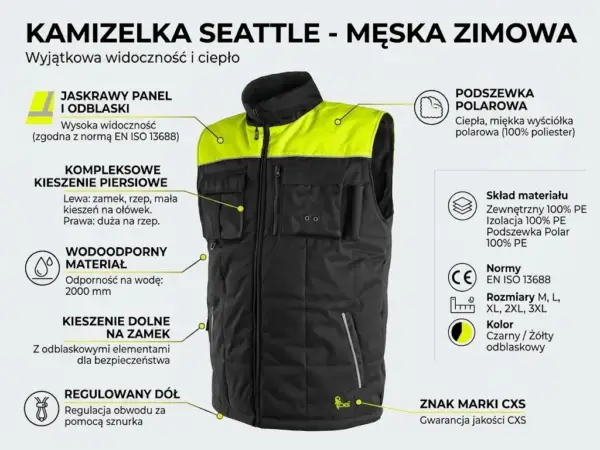 Kamizelka robocza CXS Seattle czarno-żółta - widok z przodu pod lekkim kątem z infografiką opisującą parametry techniczne, układ kieszeni, wodoodporność i odblaskowe detale - wycięte na białym tle studyjnym