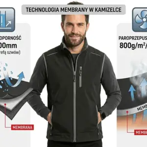 Czarna kamizelka Topeka - mężczyzna ubrany w zapięty bezrękawnik z rękami w kieszeniach, zaprezentowany na infografice technologii membrany. Po lewej stronie widoczny schemat warstw materiału z kroplami deszczu i parametrem wodoodporności 3000mm, po prawej schemat przenikania pary wodnej z parametrem paroprzepuszczalności 800g/m2/24godz - grafika produktowa na jasnym tle.