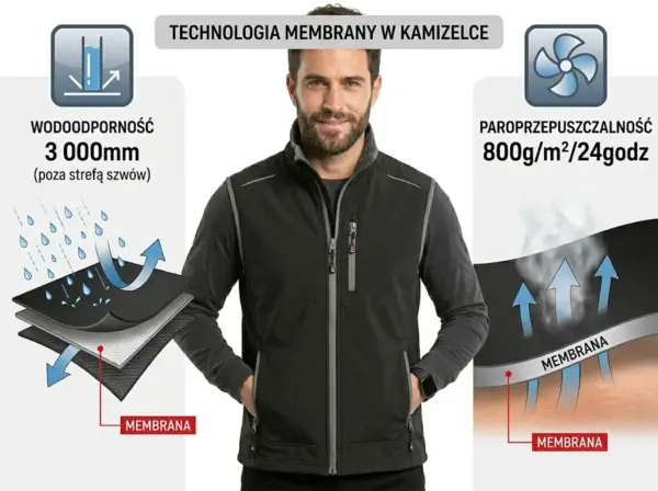Czarna kamizelka Topeka - mężczyzna ubrany w zapięty bezrękawnik z rękami w kieszeniach, zaprezentowany na infografice technologii membrany. Po lewej stronie widoczny schemat warstw materiału z kroplami deszczu i parametrem wodoodporności 3000mm, po prawej schemat przenikania pary wodnej z parametrem paroprzepuszczalności 800g/m2/24godz - grafika produktowa na jasnym tle.