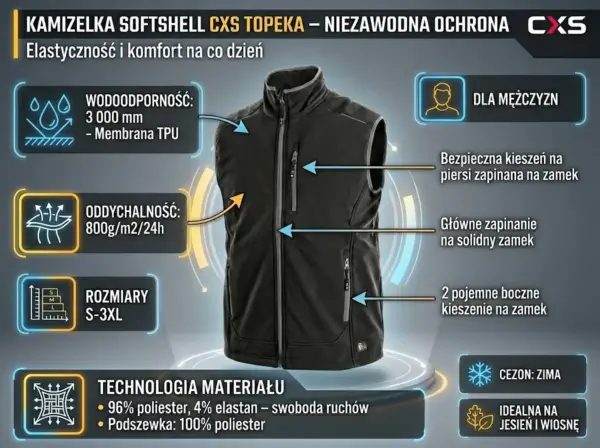 Czarna kamizelka softshellowa CXS Topeka - widok z przodu z szarymi zamkami i trzema kieszeniami, otoczona niebieskimi i żółtymi panelami informacyjnymi z parametrami technicznymi - zaprezentowana w formie infografiki na ciemnym, futurystycznym tle z podświetlanym podestem