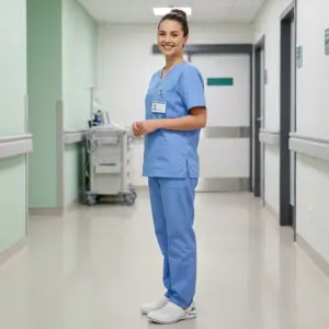 Klapki trend białe z widoczną perforacją, założone na stopy uśmiechniętej pielęgniarki w niebieskim uniformie. Ujęcie całej sylwetki z profilu na tle jasnego korytarza szpitalnego.