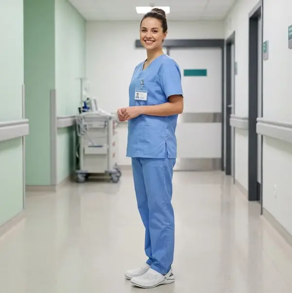 Klapki trend białe z widoczną perforacją, założone na stopy uśmiechniętej pielęgniarki w niebieskim uniformie. Ujęcie całej sylwetki z profilu na tle jasnego korytarza szpitalnego.