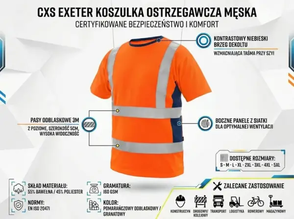 Męska koszulka T-shirt CXS Exeter w kolorze pomarańczowym - widok z przodu pod lekkim kątem, ukazujący granatowe panele boczne z siatki, kontrastowy dekolt i taśmy odblaskowe 3M - grafika informacyjna z opisem parametrów technicznych, norm i ikonami zastosowania na jasnym tle.