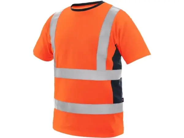 Koszulka t-shirt Exeter pomarańczowa - z krótkim rękawem, srebrnymi pasami odblaskowymi i ciemnymi wstawkami bocznymi, widok z przodu pod kątem - wycięte na białym tle studyjnym