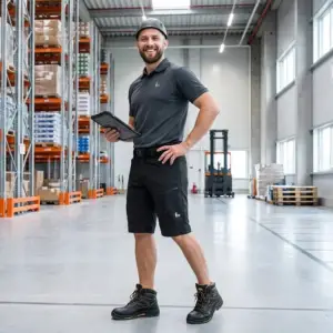 Czarne krótkie spodenki Dixon - widok z przodu na całej sylwetce uśmiechniętego mężczyzny w szarym polo, kasku ochronnym i butach roboczych, trzymającego tablet - na tle jasnej hali magazynowej z regałami i wózkiem widłowym.