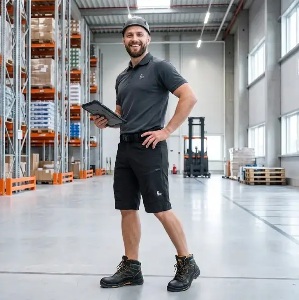 Czarne krótkie spodenki Dixon - widok z przodu na całej sylwetce uśmiechniętego mężczyzny w szarym polo, kasku ochronnym i butach roboczych, trzymającego tablet - na tle jasnej hali magazynowej z regałami i wózkiem widłowym.