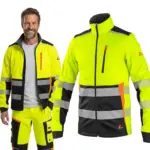 męska kurtka ostrzegawcza softshell z polarem benson - w jaskrawym żółtym kolorze z czarnymi wstawkami, pomarańczowymi detalami i segmentowanymi pasami odblaskowymi, po lewej stronie rozpięta na uśmiechniętym modelu, po prawej zapięta na niewidocznym manekinie - wycięte na białym tle studyjnym