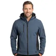 Niebieska kurtka robocza softshell CXS Durham założona na modela, widok z przodu