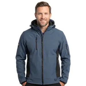 Niebieska kurtka robocza softshell CXS Durham założona na modela, widok z przodu. Widoczne czarne zamki błyskawiczne na piersi i lewym rękawie, ciemne panele boczne oraz zintegrowany kaptur, wycięte na białym tle studyjnym.