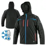 kurtka softshell bhp cxs norfolk zimowa ocieplana - czarna z niebieskim zamkiem głównym i czerwonymi suwakami kieszeni, widok z przodu pod kątem oraz widok z tyłu z kapturem, w lewym dolnym rogu graficzna ikona śnieżynki i termometru - wycięte na białym tle studyjnym