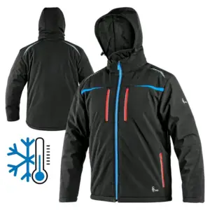 kurtka softshell bhp cxs norfolk zimowa ocieplana - czarna z niebieskim zamkiem głównym i czerwonymi suwakami kieszeni, widok z przodu pod kątem oraz widok z tyłu z kapturem, w lewym dolnym rogu graficzna ikona śnieżynki i termometru - wycięte na białym tle studyjnym