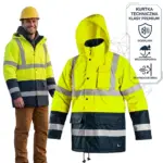Ocieplana kurtka zimowa odblaskowa wodoodporna żółta - zaprezentowana na modelu w kasku ochronnym oraz obok jako sam produkt z kapturem, z widocznymi granatowymi wstawkami, srebrnymi pasami i panelem z ikonami właściwości - wycięte na białym tle studyjnym.