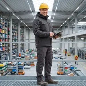 Kurtka robocza Stretch czarny na uśmiechniętym pracowniku w żółtym kasku, trzymającym podkładkę z dokumentami. Widoczny kaptur, kieszenie na klatce piersiowej i odblaskowe lamówki na rękawach. Mężczyzna stoi na metalowym podeście na tle dużej, nowoczesnej hali magazynowej.