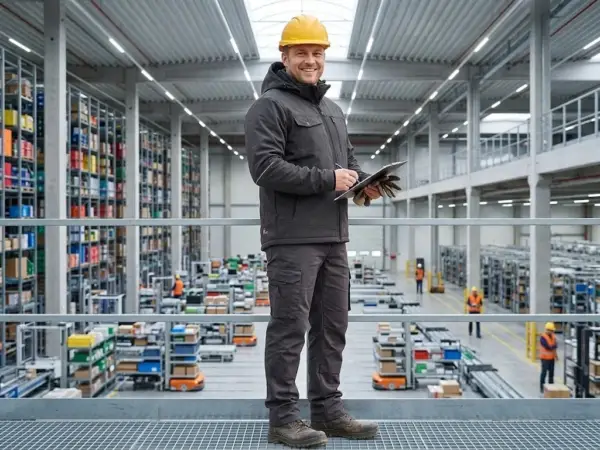 Kurtka robocza Stretch czarny na uśmiechniętym pracowniku w żółtym kasku, trzymającym podkładkę z dokumentami. Widoczny kaptur, kieszenie na klatce piersiowej i odblaskowe lamówki na rękawach. Mężczyzna stoi na metalowym podeście na tle dużej, nowoczesnej hali magazynowej.