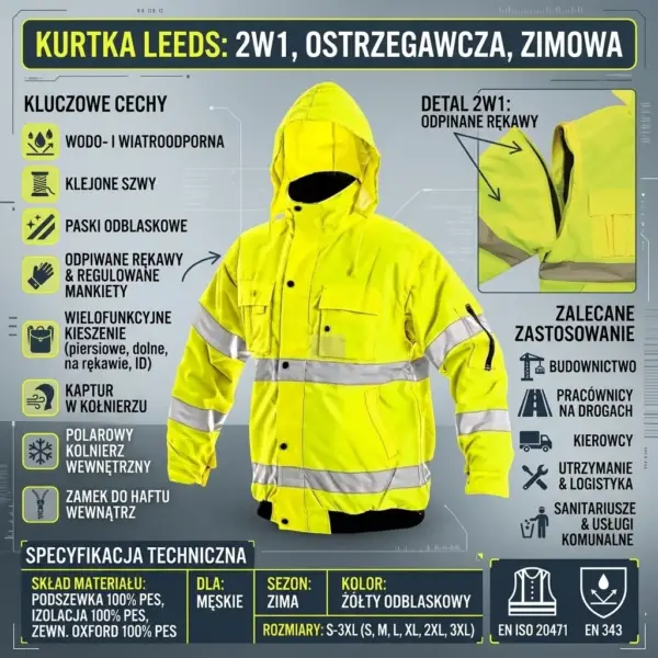 LEEDS KURTKA OCIEPLANA ODBLASKOWA ŻÓŁTA - widok z przodu z kapturem oraz detalem pokazującym odpinany rękaw na zamek. Infografika produktowa zawierająca opisy kluczowych cech, specyfikację techniczną i ikony zastosowania na szarym, technicznym tle.