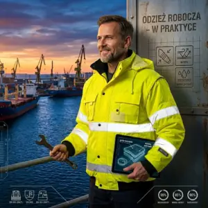 Żółta kurtka ocieplana odblaskowa Leeds - uśmiechnięty mężczyzna w odzieży ostrzegawczej trzymający klucz płaski i tablet z przekrojem materiału - na tle portu przemysłowego ze statkami o zachodzie słońca oraz infografikami.