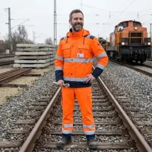 Luton kurtka ocieplana pomarańczowa - widok z przodu na całą sylwetkę uśmiechniętego pracownika w odzieży odblaskowej z kluczem w dłoni - mężczyzna stoi na torach kolejowych na tle lokomotywy