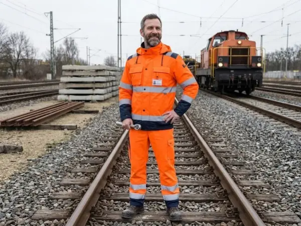 Luton kurtka ocieplana pomarańczowa - widok z przodu na całą sylwetkę uśmiechniętego pracownika w odzieży odblaskowej z kluczem w dłoni - mężczyzna stoi na torach kolejowych na tle lokomotywy
