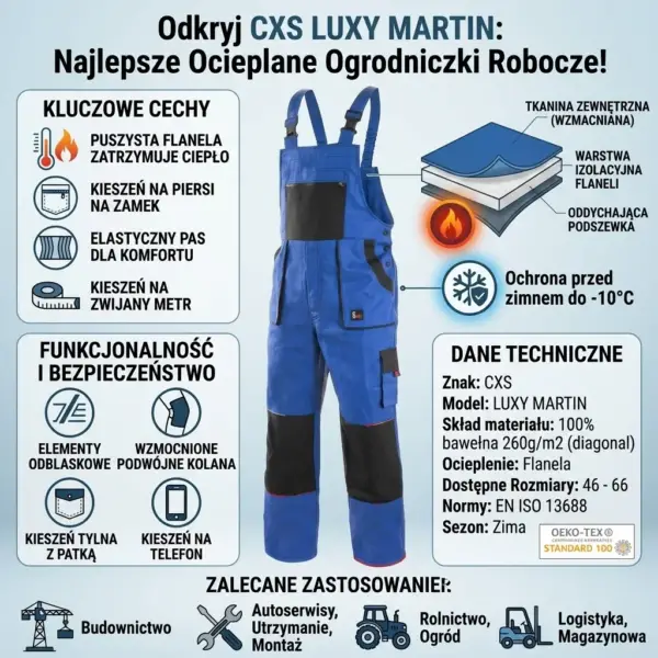 Zimowe ogrodniczki robocze CXS Luxy Martin - niebiesko-czarne spodnie z szelkami w centrum szczegółowej infografiki produktowej. Wokół odzieży widoczne są ikony i opisy kluczowych cech, schemat warstw materiału z flanelą, dane techniczne oraz zalecane branże na jasnoniebieskim tle z gradientem.