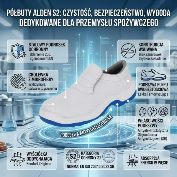 Półbuty Alden S2 białe - widok pod kątem na pojedynczy wsuwany but z gładką cholewką i niebiesko-białą podeszwą, otoczony ramkami z infografikami opisującymi właściwości techniczne - na tle nowoczesnego, niebieskiego laboratorium