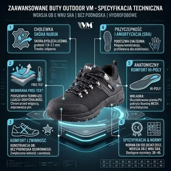 Półbuty zawodowe VM LIMA O2 - czarny but sznurowany ukazany z profilu pod kątem, otoczony sześcioma panelami informacyjnymi z ikonami opisującymi parametry techniczne oraz tabelą rozmiarów - umieszczony na futurystycznej, podświetlanej platformie na ciemnym tle.