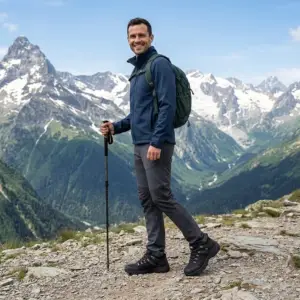Półbuty LIMA O2 - uśmiechnięty mężczyzna w niebieskiej kurtce i z zielonym plecakiem, trzymający kijek trekkingowy, ujęcie całej sylwetki z profilu - podczas marszu po kamienistym szlaku na tle ośnieżonych górskich szczytów.