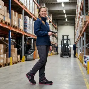 Półbuty robocze MAGENTA S1 - uśmiechnięta pracownica w granatowej kurtce i ciemnoszarych spodniach prezentuje czarno-różowe obuwie na stopach, trzymając skaner kodów kreskowych. W tle rozmyta alejka magazynowa z wysokimi regałami i wózkiem widłowym.